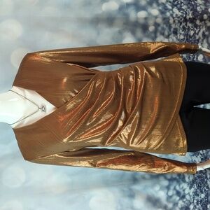 Chick Me sz L Gold/Copper Metallic Ruched Crossover Long Sleeve Shimmering Top